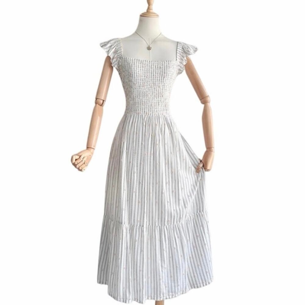 LOFT White and Light Blue Striped Smocked Midi Dress